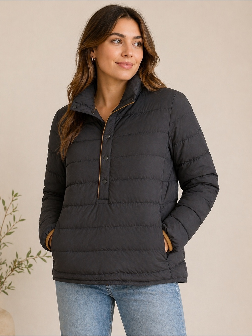 Jenni Kayne Down Feather Pullover Puffer Jacket Carbon Size Small
